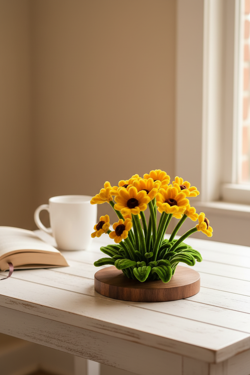 Sunshine Garden | Handcrafted Chenille Stem Sunflower Bouquet on Wooden Base