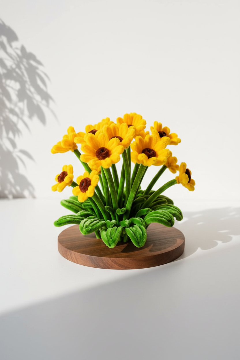 Sunshine Garden | Handcrafted Chenille Stem Sunflower Bouquet on Wooden Base
